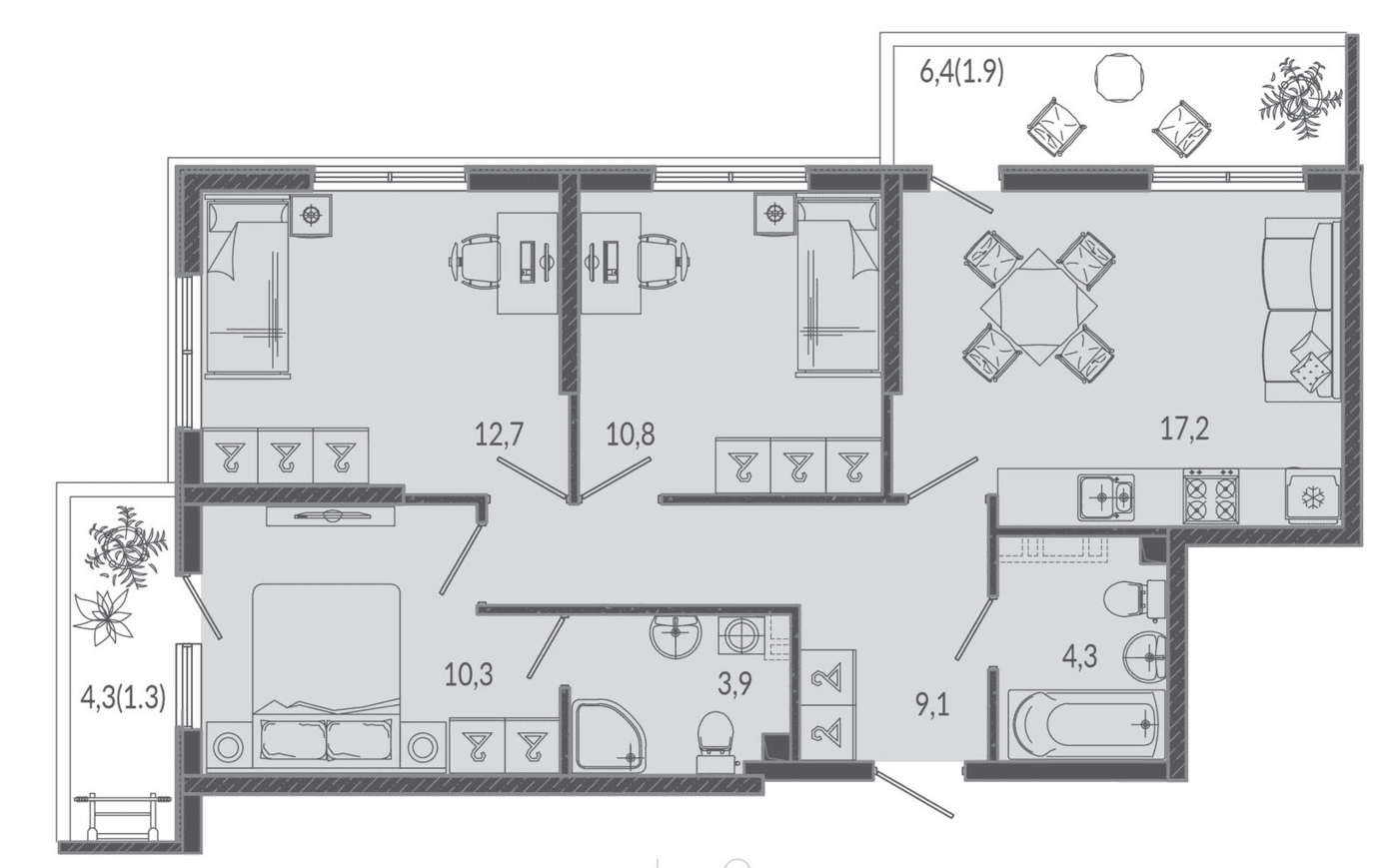 Планировка: Евро 3-комнатная, 71,9 м²