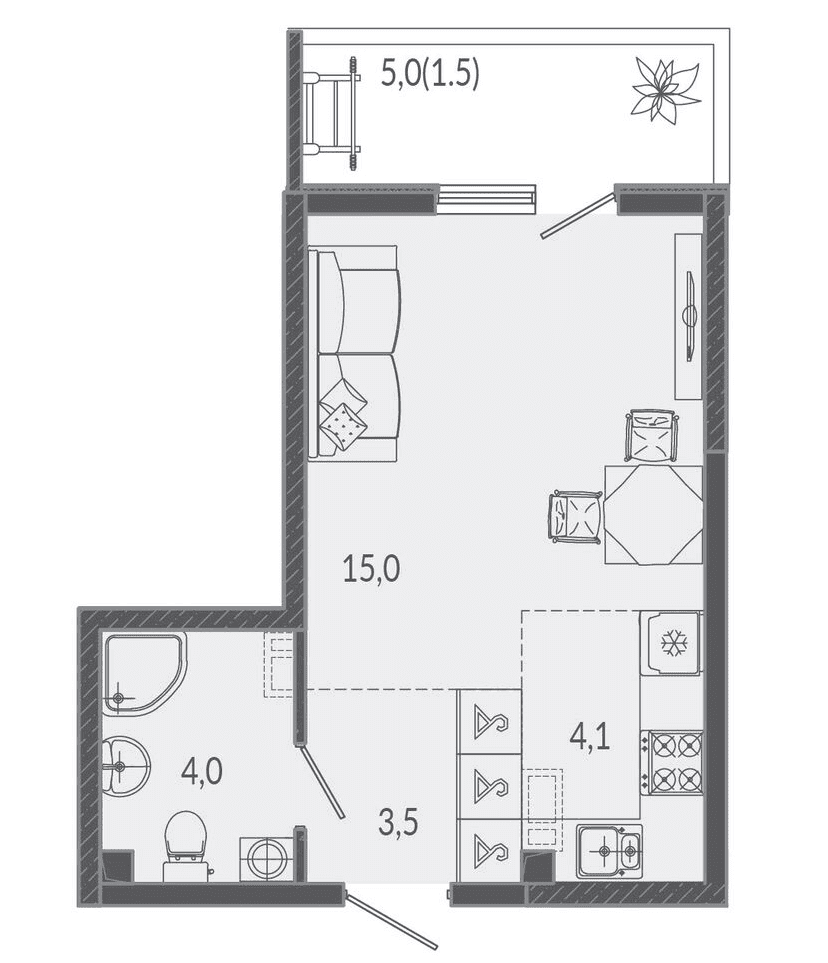 Планировка: Эргономичная студия, 28,1 м²