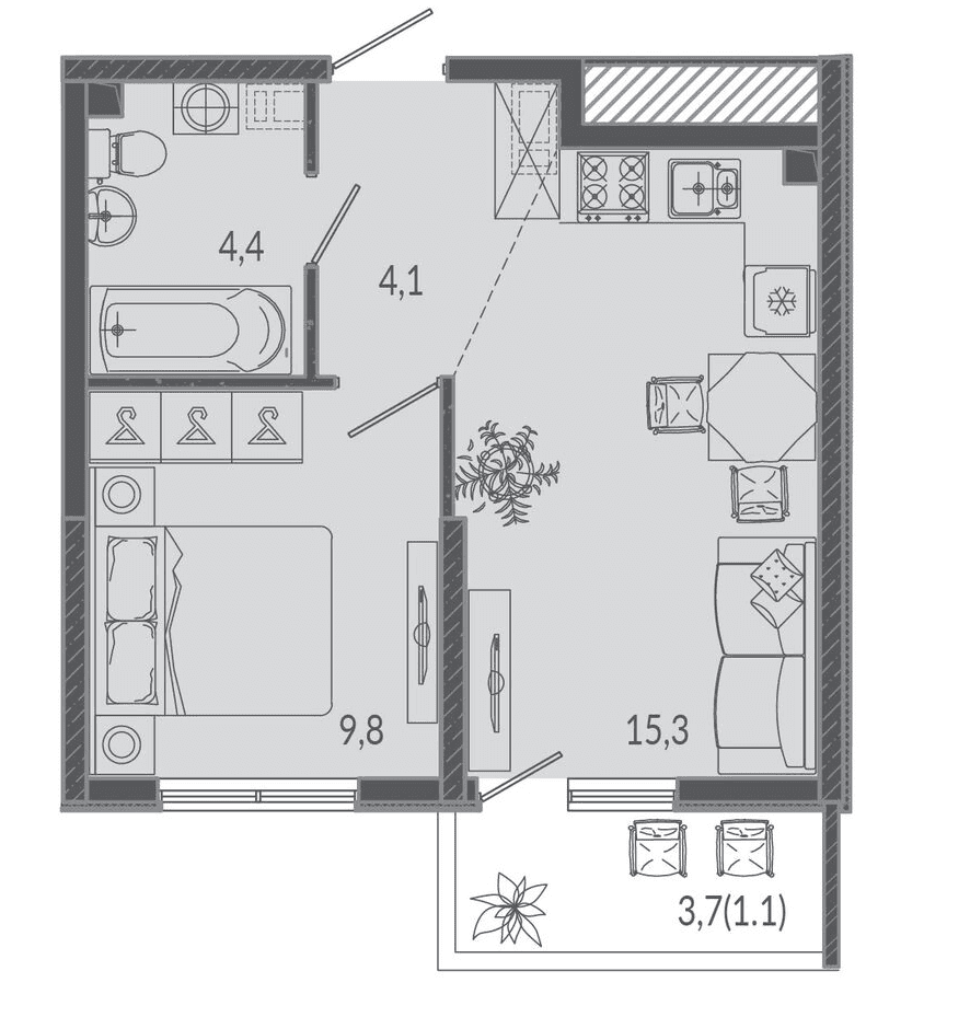 Планировка: 1-комнатная, 34,7 м²
