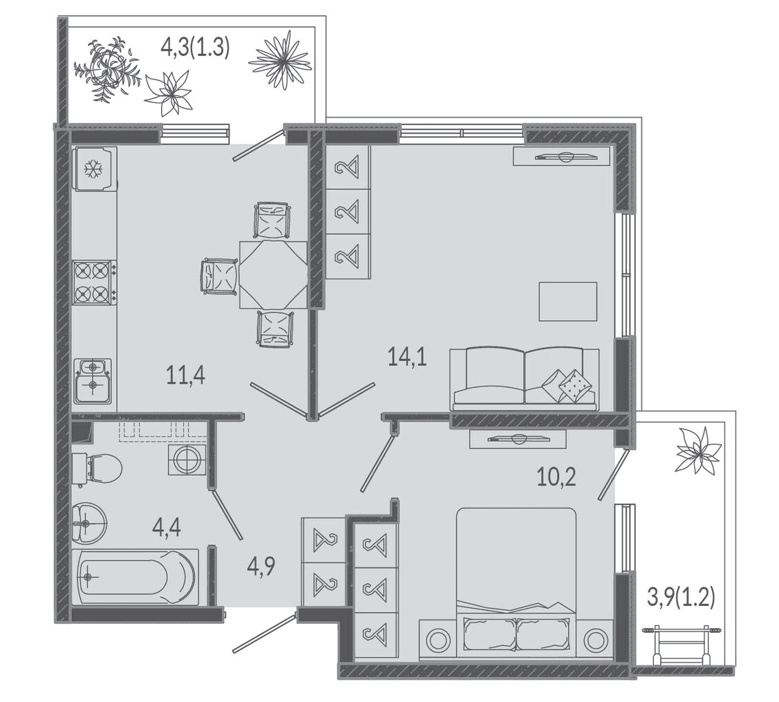 Планировка: 2-комнатная, 47,5 м²